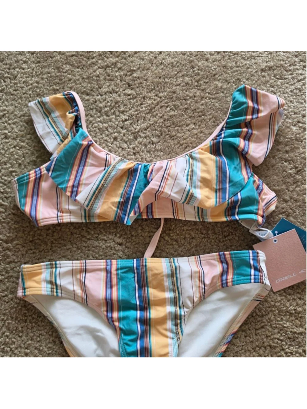 Girls O'Neill Striped Baja Ruffle Bikini size 14 Teal & pink stripes